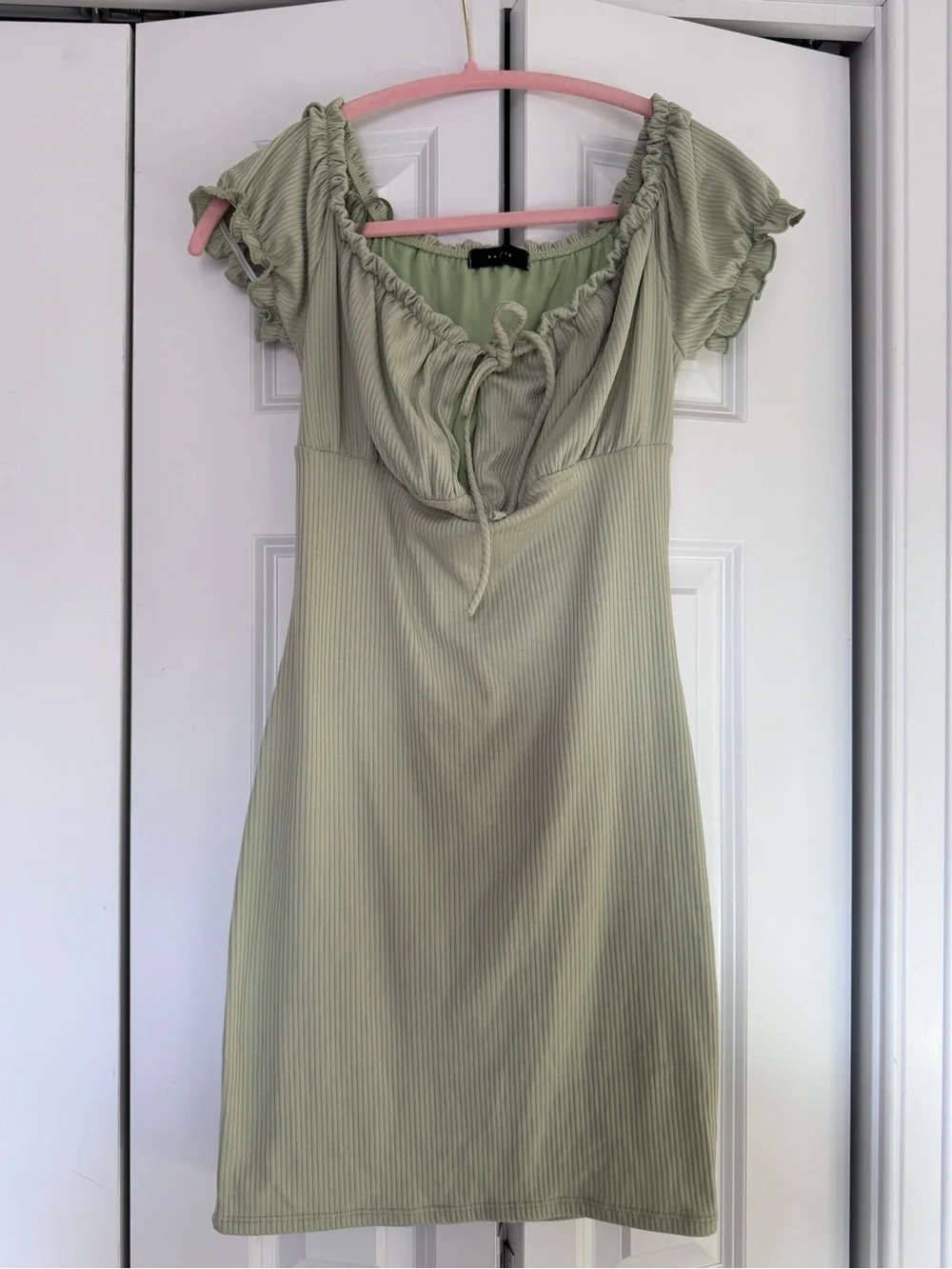 Light Sage Ribbed Mini Dress with Ruffled Shoulders - Picture 1 of 4